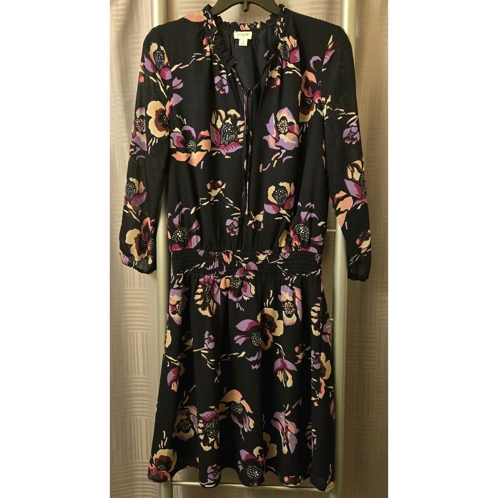 J Crew‎ Women's Navy Floral Print Smocked-waist Dress Long Sleeve Size Small S